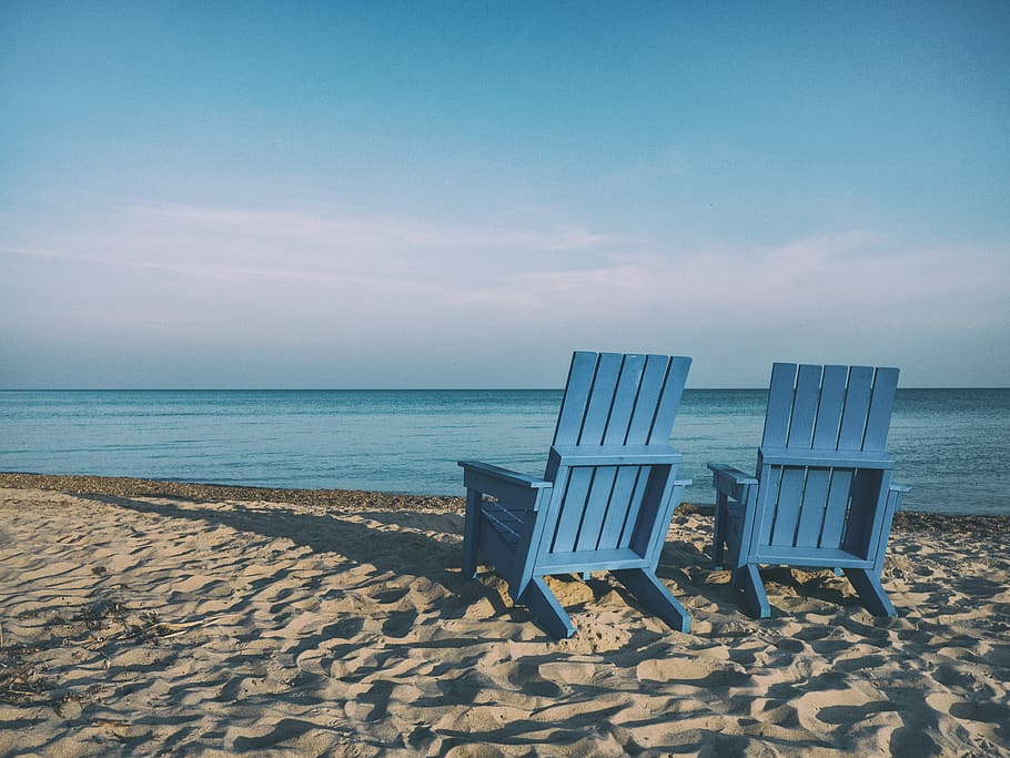 beach, sand, chairs, ocean, sea, water, sunshine, summer, blue, sky
