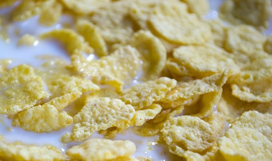 cornflakes, breakfast, muesli, milk, sweet, crispy, food, food and drink, close-up, indoors