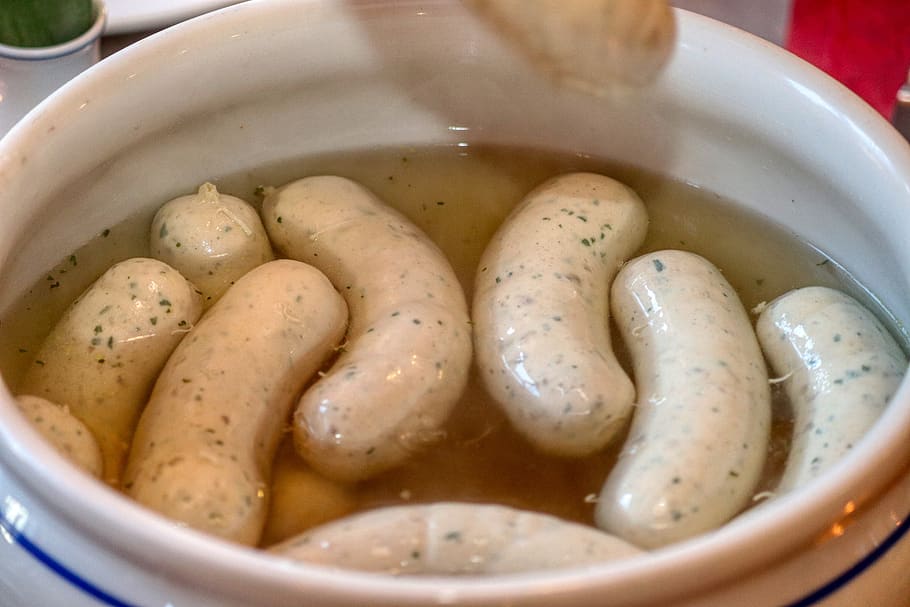 white sausage, bowl, bavaria, food, specialty, sausage, snack, delicious, substantial, benefit from