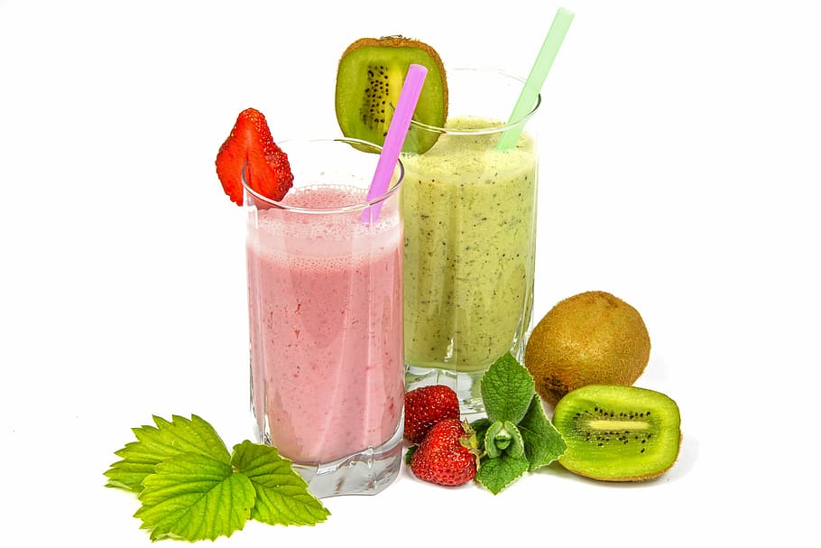 two, strawberry, kiwi fruit, shakes, fruit cocktails, smoothie, breakfast, milk, mix, nutrition