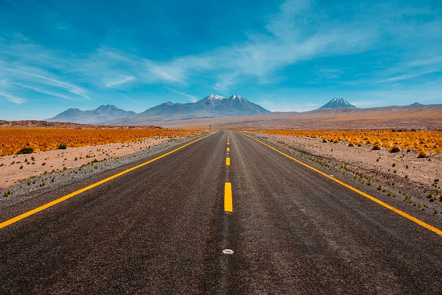 empty, gray, asphalt road, desert, mountain, highland, cloud, blue, sky, summit