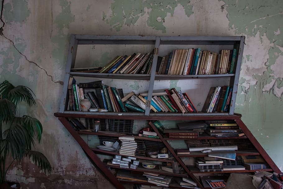 rak buku, tua, miring, publikasi, Book, sekelompok besar objek, rak, dalam ruangan, kelimpahan, tidak ada orang