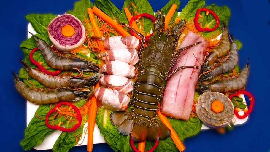 shrimp, crayfish, vegetables, meat, seafood, lobster, gourmet, shellfish, fish, crustacean