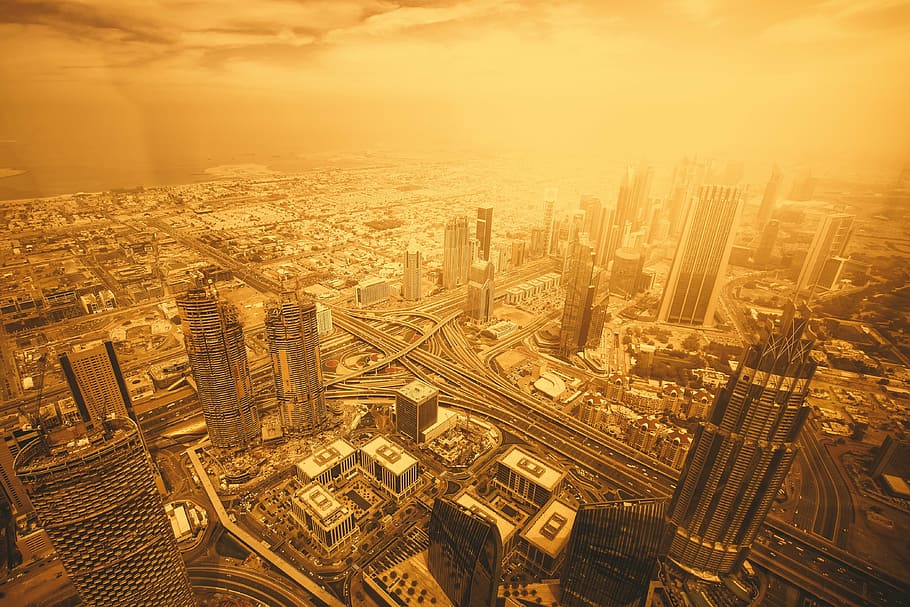high-rise, building, daytime, dubai, emirates, view, landscape, gold, skyline, arab