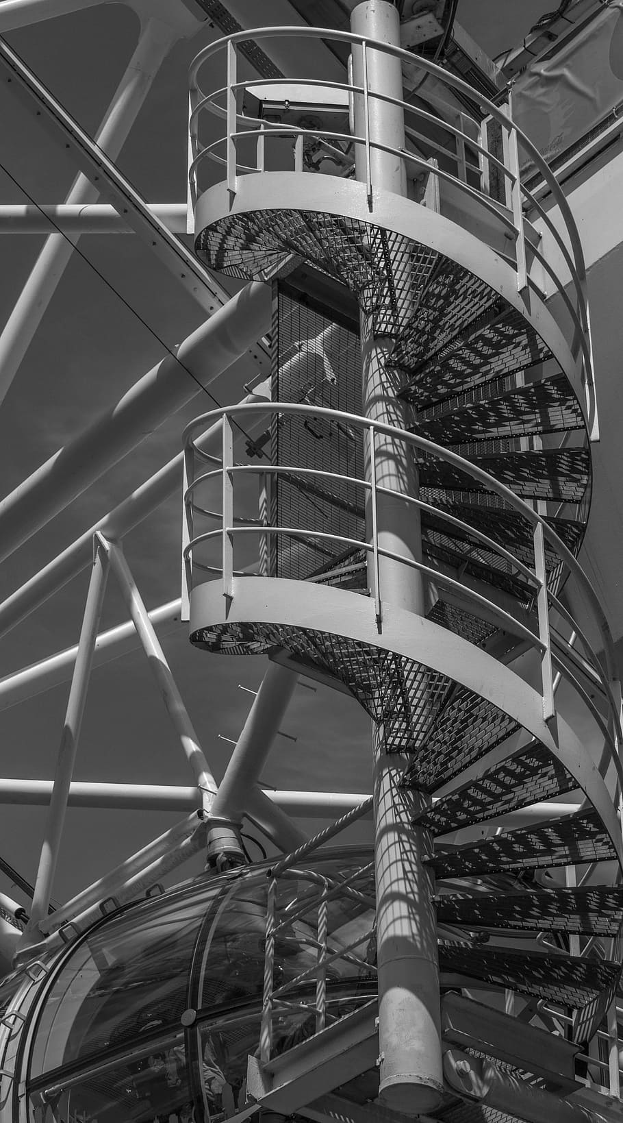 spiral staircase, black and white, london, thames, london eye, staircase, spiral, black, white, architecture