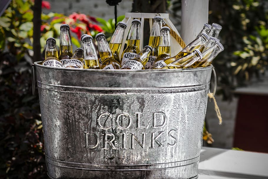 gray, stainless, steel, cold, drinks, embossed, bucket, filled, corona beer bottle lot, daytime