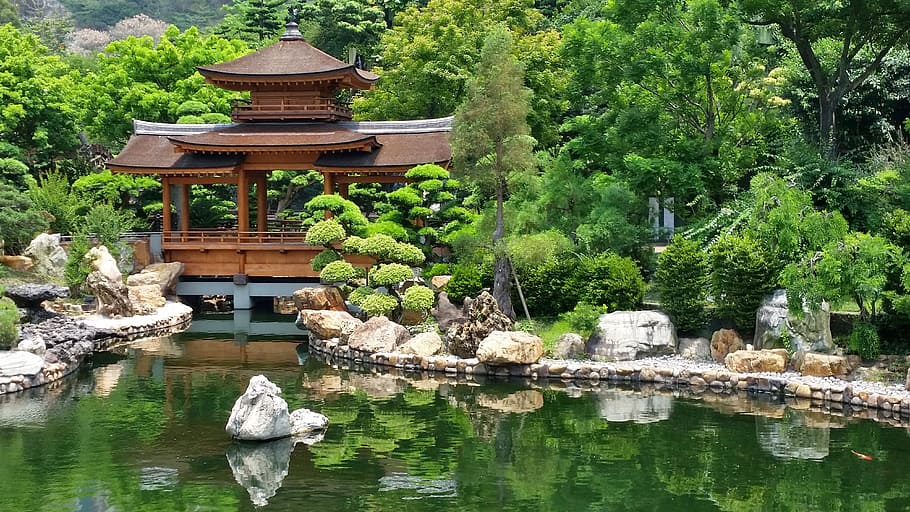 marrón, de madera, mirador, árboles, estanque, Japón, jardín, templo, jardín japonés, arquitectura de jardín
