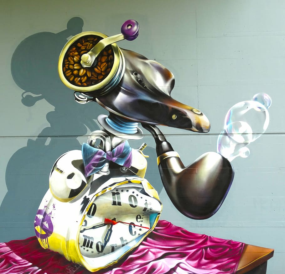 mano, manivela, gemelo, reloj de campana molinillo de café, digital, papel pintado, graffiti, surrealismo, abstracto, dali