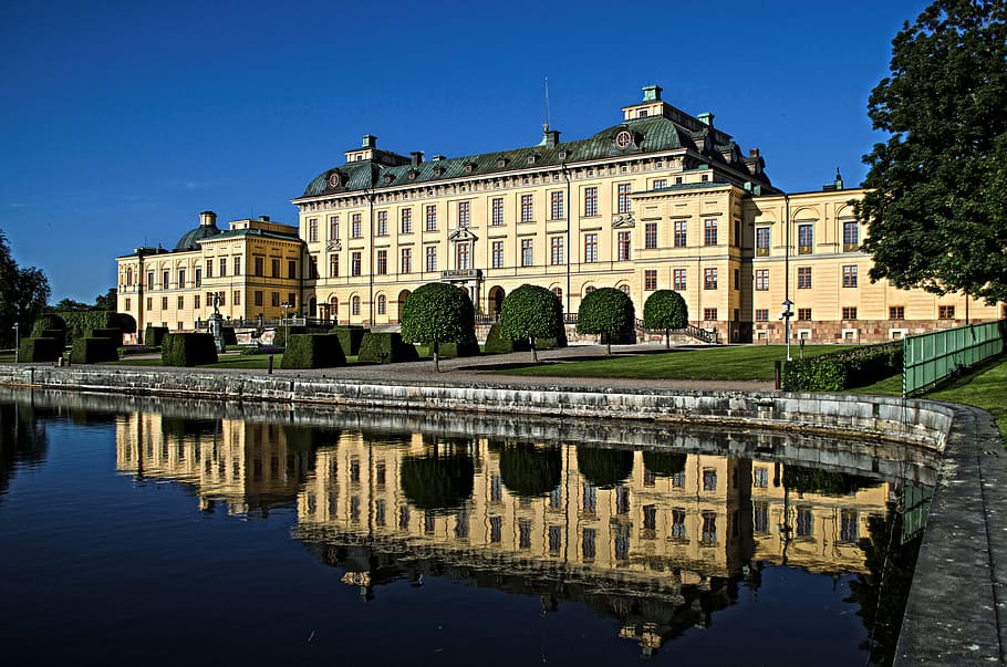 drottningholm palace, castle, Drottningholm Palace, Castle, royal residence, hdr, reflection, history, architecture, outdoors, water