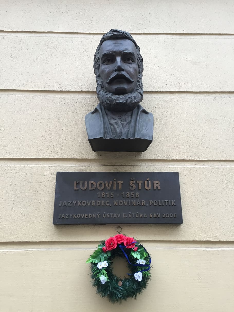 bust, statue, bratislava, slovakia, ludovit stur, historical person, diplomat, text, communication, wall - building feature