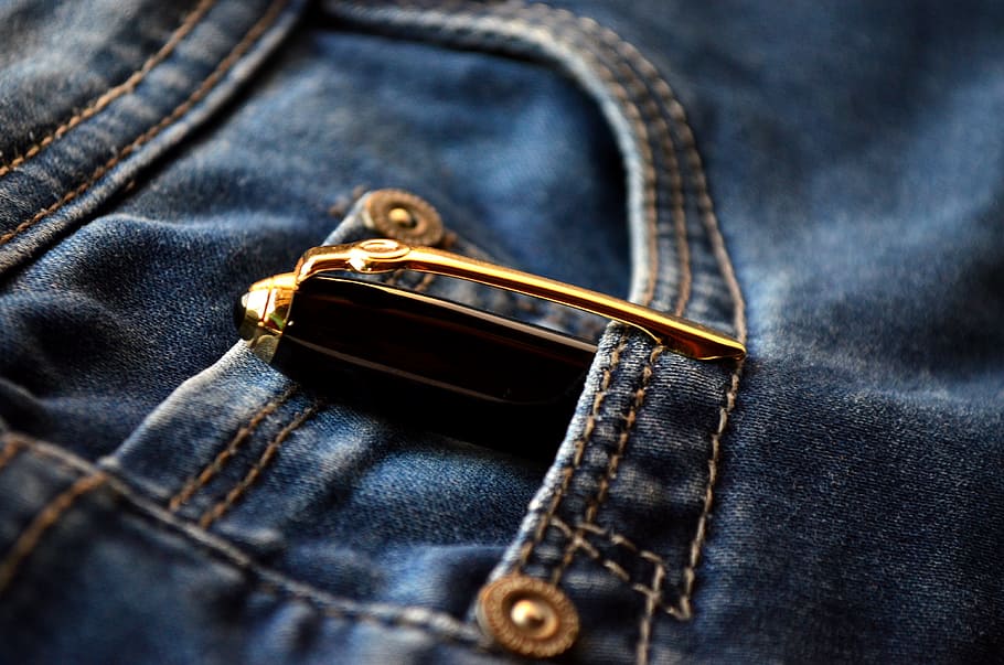 black, gold pen, inside, blue, denim bottoms pocket, pen, jeans, pocket, fashion, clothing