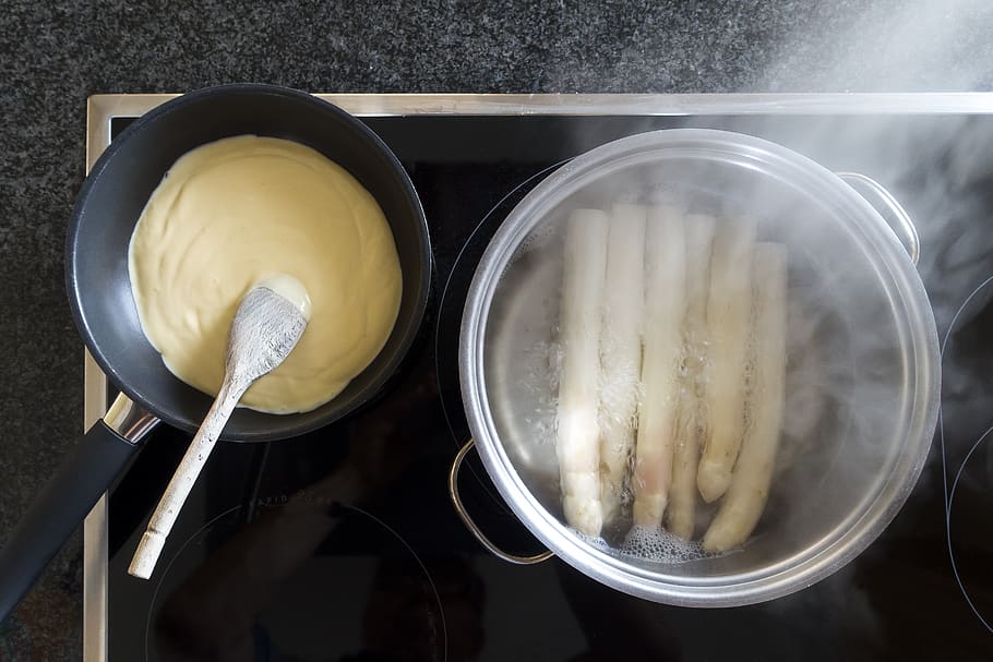 hollandaise sauce, pan, wooden spoon, asparagus, food, cook, cooking pot, hot water, steam, water vapor