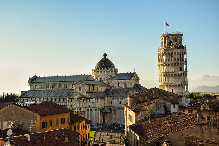 pisa, leaning tower, abendstimmung, roofs, landmark, architecture, building, tuscany, italia, baptistery