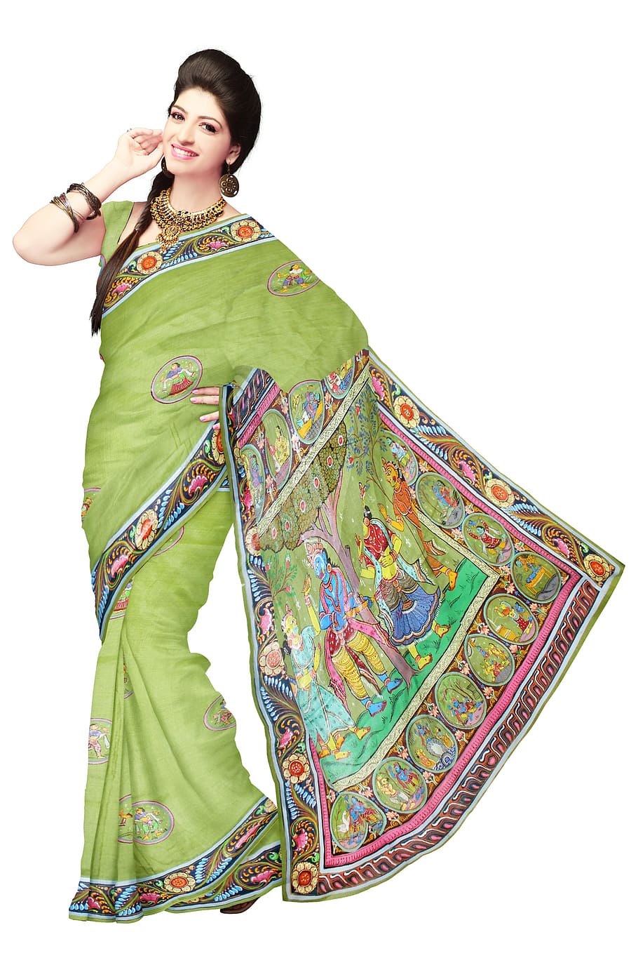 mujeres, verde, vestido de sari, sari, moda, seda, vestido, mujer, modelo, ropa