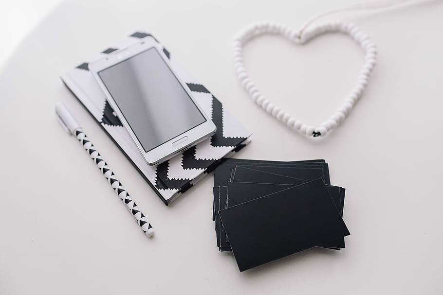 notebook, white, smartphone, various, items, Black-and-white, coffee, cup of coffee, mobile phone, organizer