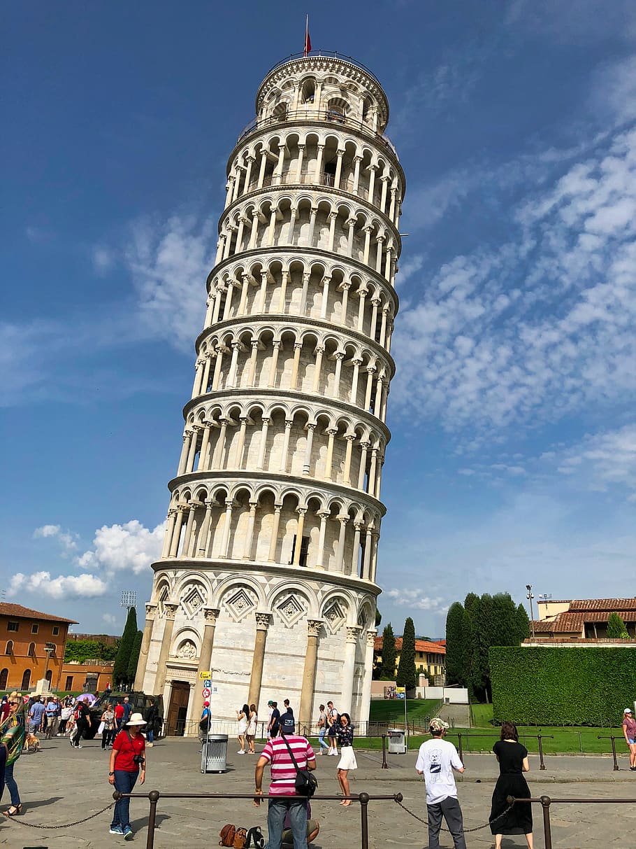 italy, pisa, building, tower, travel, places of interest, built structure, architecture, building exterior, group of people