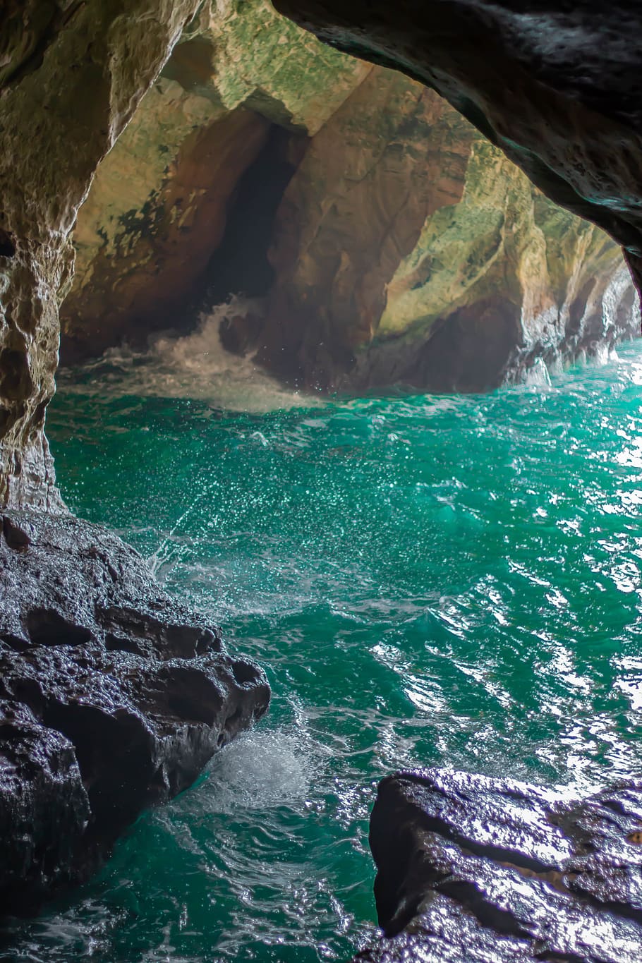 cave, water, israel, color, rock, nature, blue, sea, coast, sky
