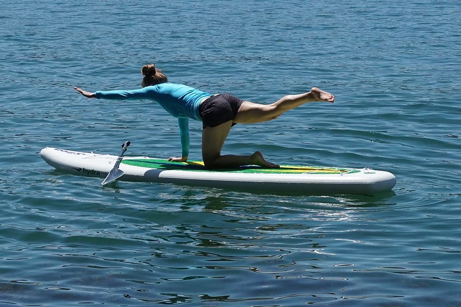 woman, riding, paddle boat, body, water, fitness, balance, exercise, surfboard, standing board