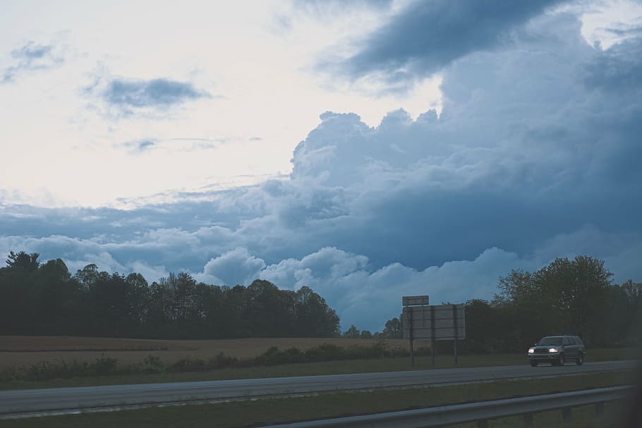 gray, suv, passing, road, cloudy, sky, long, exposure, white, clouds