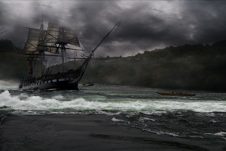 black, galleon ship, clouds, sailing ship, rushing water, river, ship, vessel, sailboat, shore