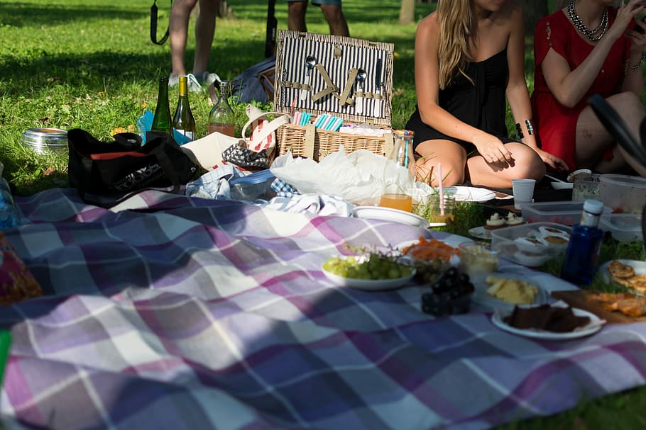 ピクニックバスケット, 外, ピクニック, アウトドア, 女性, 人々, 夏, 食べ物, 座って, 大人