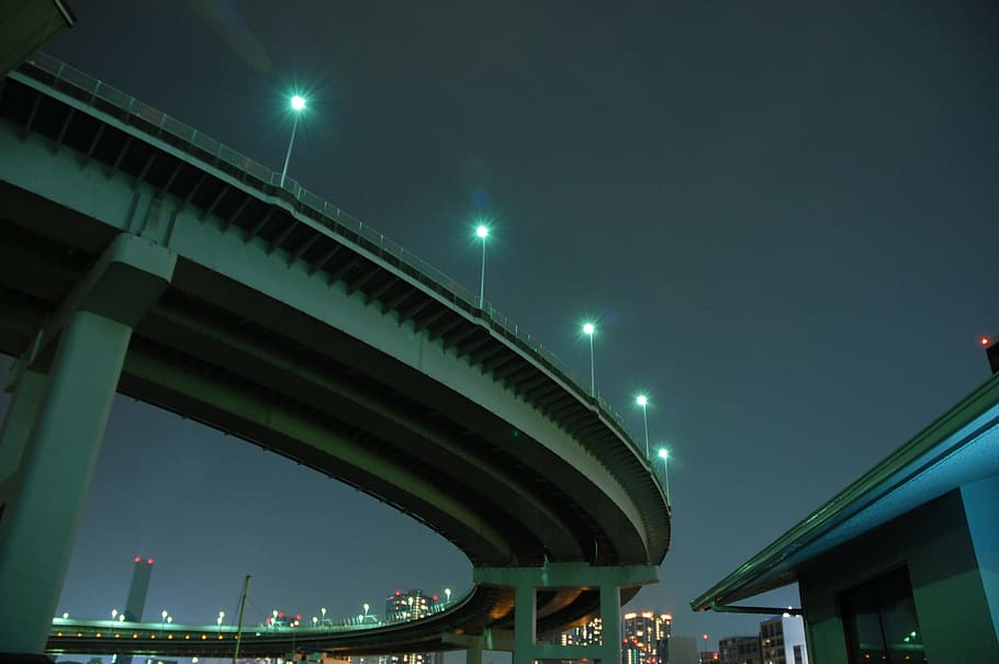 Bucle, puente, vista nocturna, paisaje, puente de bucle, Japón, noche, farola, iluminado, gran grupo de personas