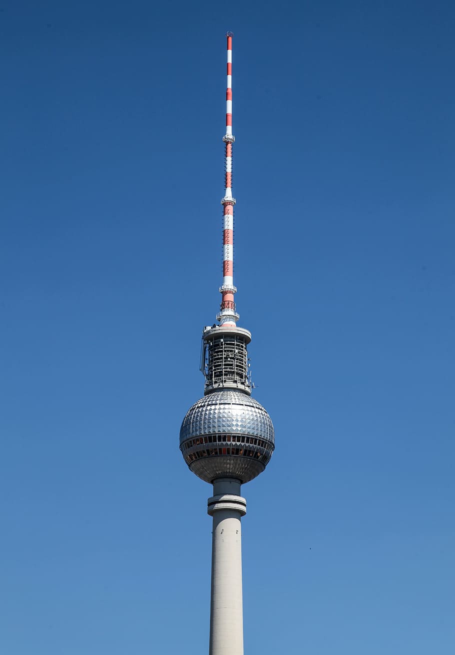 灰色, 赤, タワー, 青, 空, ベルリンテレビ塔, ベルリン, テレビ塔, タワーテレビ塔, 詳細