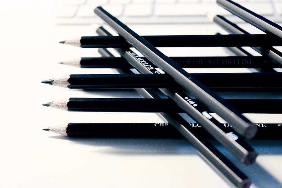 banyak pensil, tumpukan, hitam, pensil, keyboard, penulisan, menggambar, kreatif, desain, bisnis