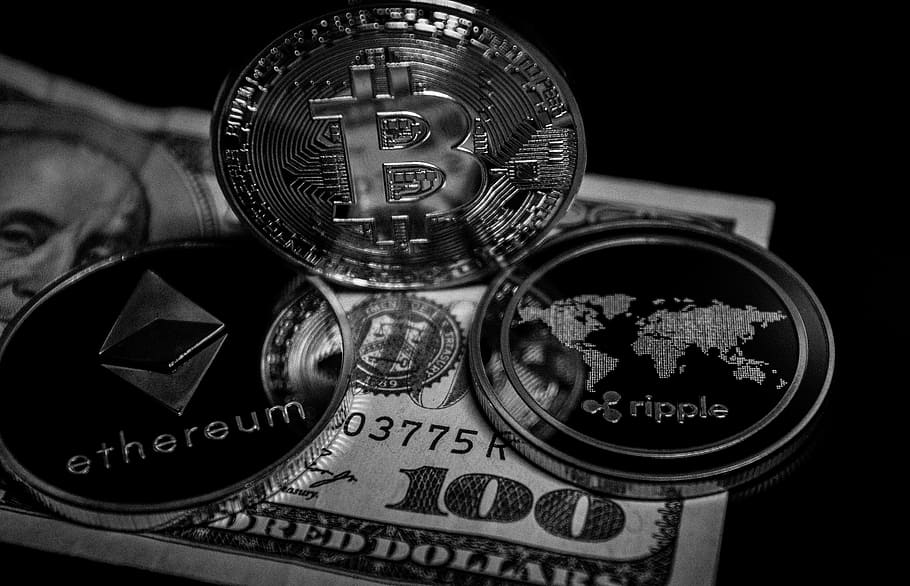 grayscale photography, three, bitcoins, finance, currency, business, money, wealth, bitcoin, monetary
