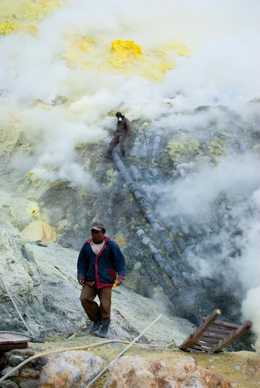 Sulfur, Work, Volcano, Indonesia, Bromo, steam, cloud of smoke, pollution, one person, one man only