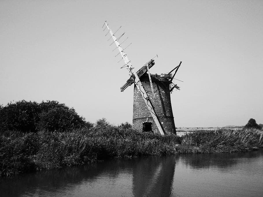 grayscale photography, building, body, water, windmill, england, old, historical, architecture, vacant