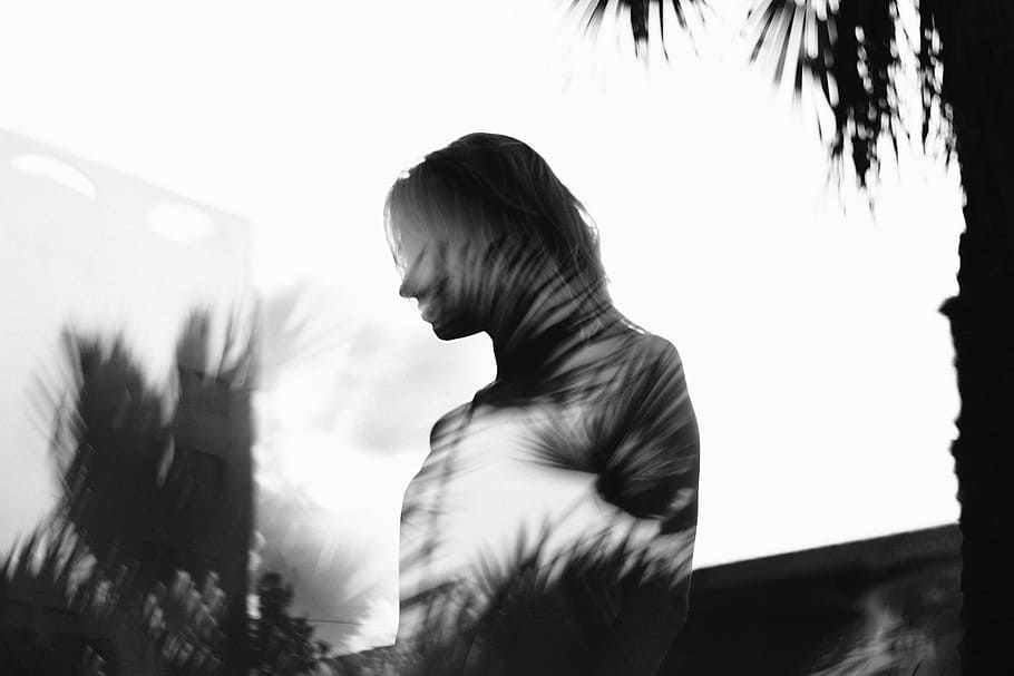 woman, trees, daytime, nature, leaves, people, shadow, double exposure, monochrome, women