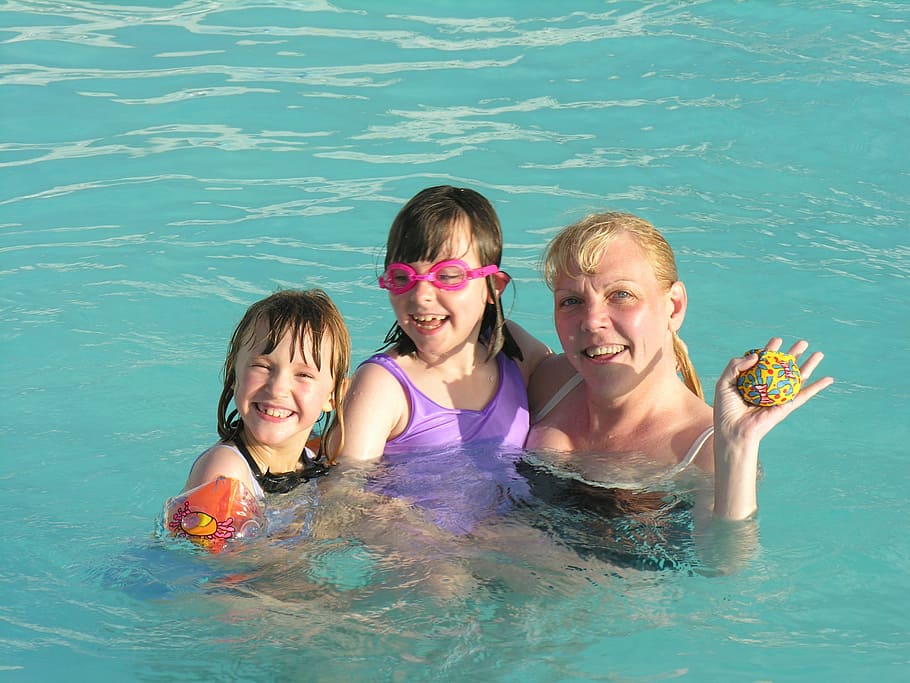 Daughters, Pool, swimming, mother and daughters, joy, family, summer, girls, water, happiness