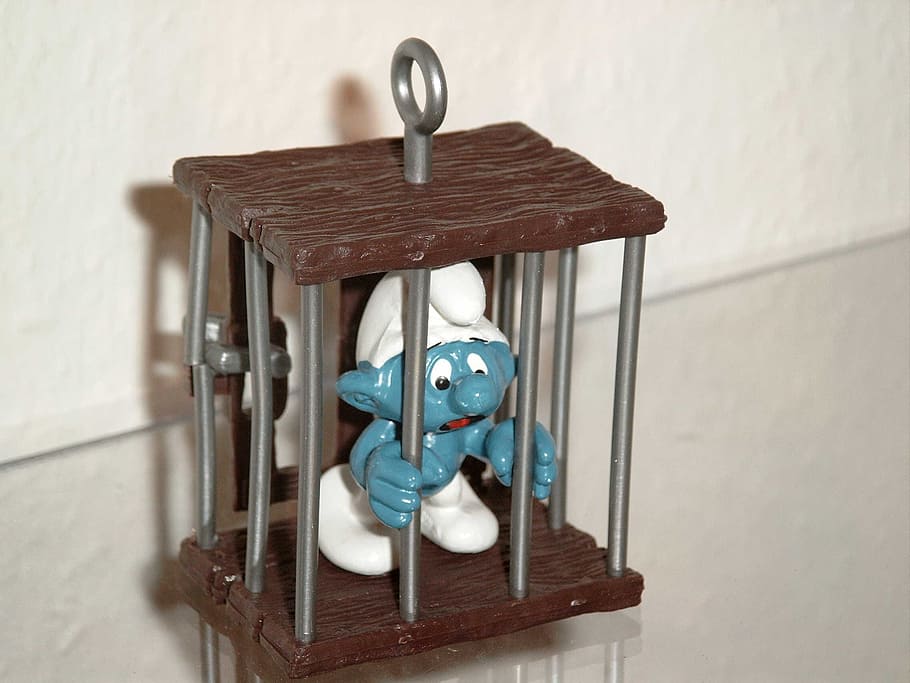 smurf, caught, prison, included, toy, indoors, wood - material, wall - building feature, close-up, absence