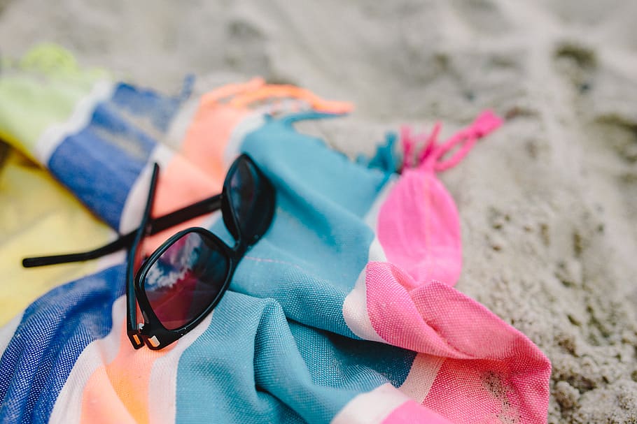 praia, areia, verão, cobertor, feriados, férias, óculos de sol, juntos, óculos, cor rosa