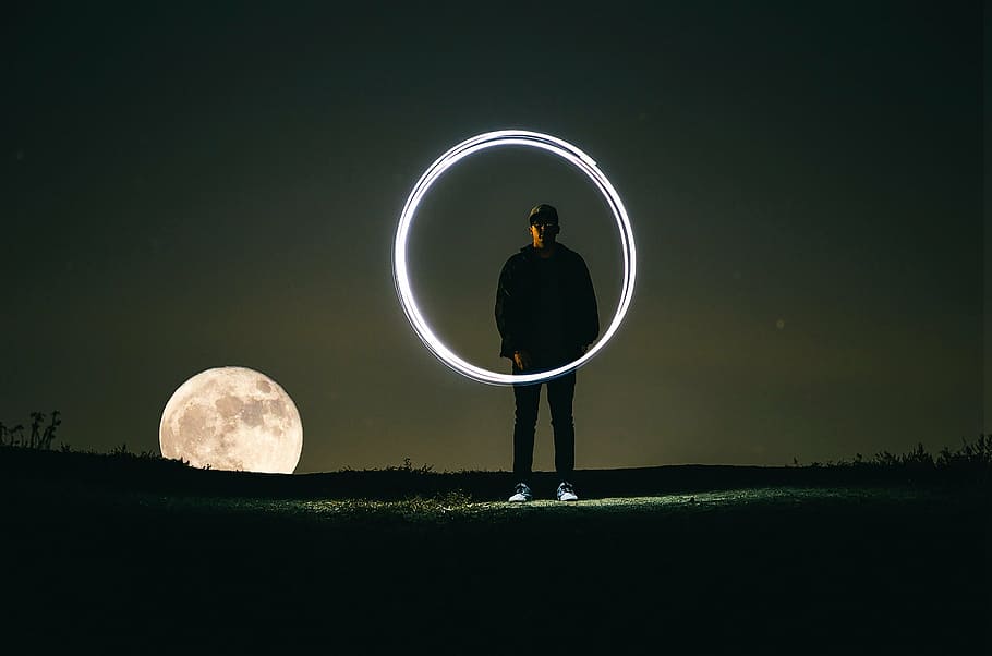 homem, em pé, exploração, luz, noite, lua, fotografia, Sombrio, céu, círculo