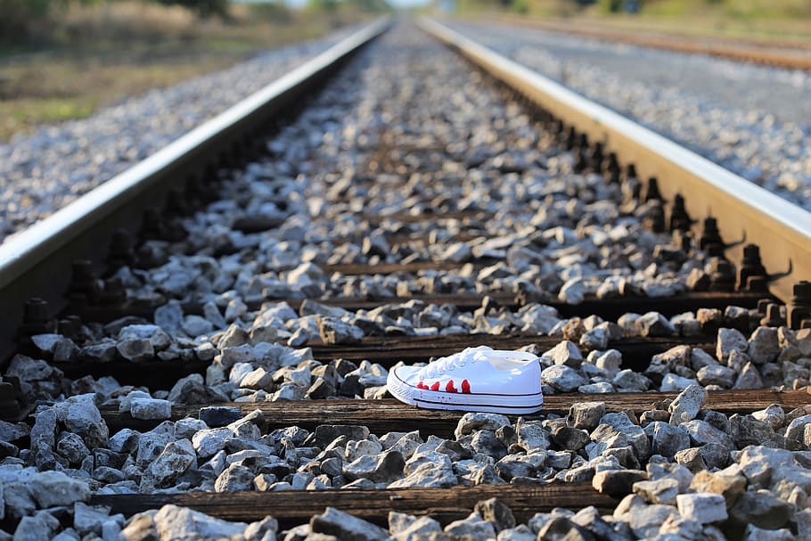 unpaired, sneaker, train railing, stop teenager suicide, bloody sneaker on railway, remembering kids and teens, who left us to soon, school stress, exam stress, academic stress