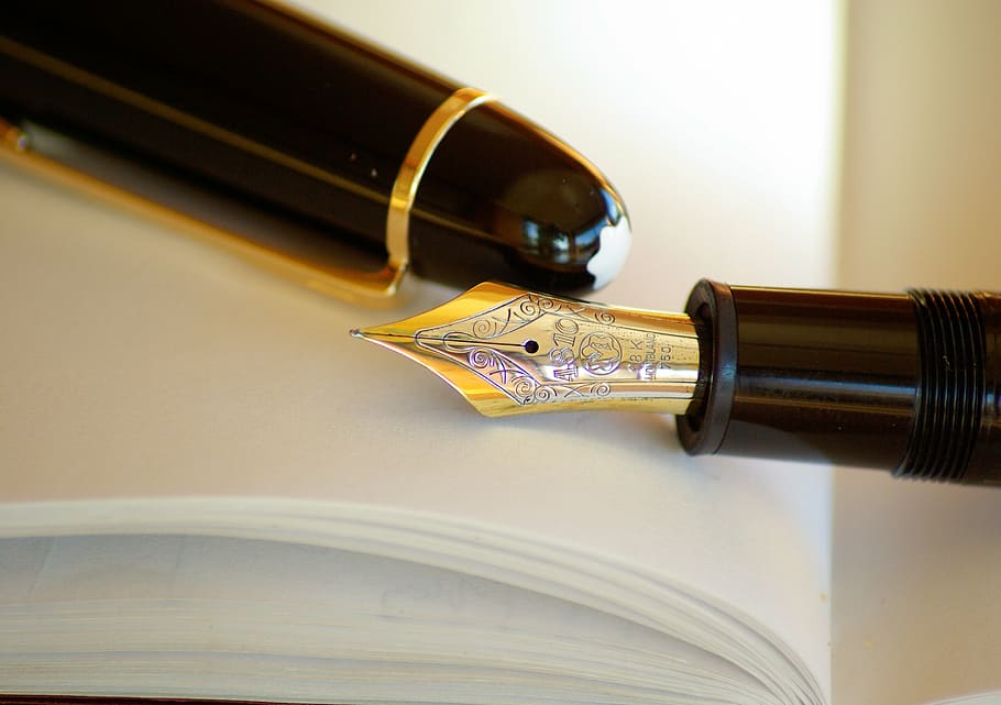 black ballpoint pen, pen, fountain pen, ink, gold, writing, business, corporate business, book, close-up