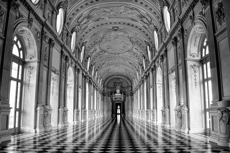 foto en escala de grises, edificio, interior, venaria, el palacio real de venaria, venaria reale, torino, piemonte, italia, arquitectura