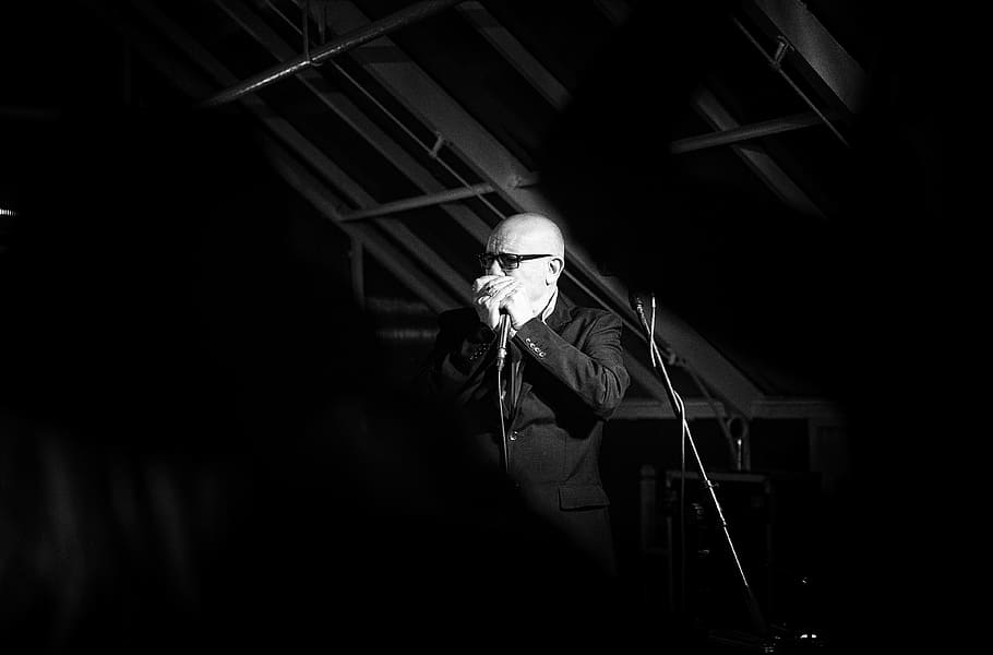 man, wearing, black, suit jacket, holding, microphone, Band, Music, Mouth Organ, Rock, Concert