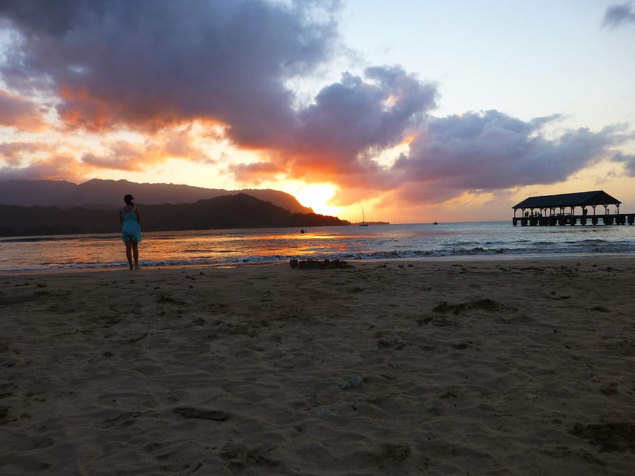 kauai, hawaii, playa, arena, puesta de sol, nubes, anochecer, bahía de hanalei, hanalei, bali hai