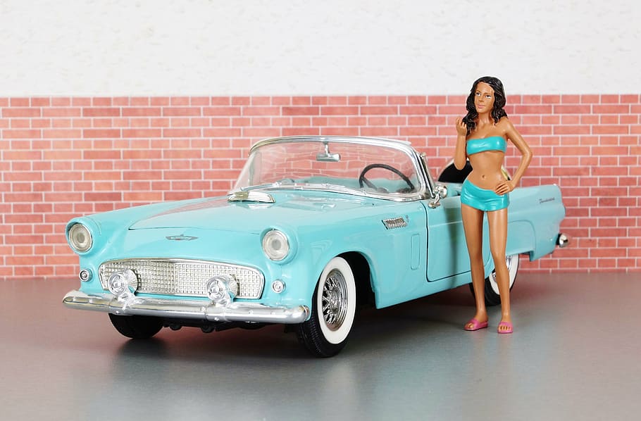 modelo de coche, vado, ford thunderbird, auto, viejo, coche de juguete, estados unidos, américa, modelo, diorama