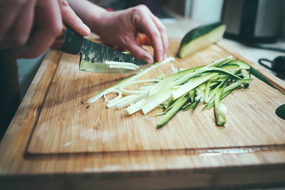 chopping, board, kitchen, utensils, knife, food, vegetable, cucumber, food and drink, cutting board