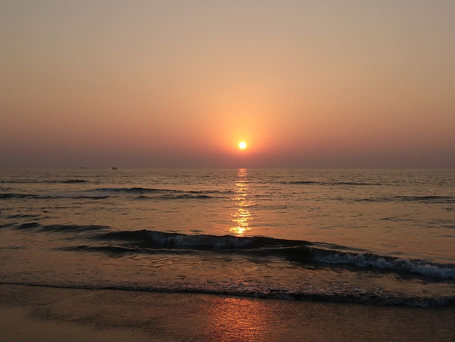 puesta de sol, amanecer, agua, atardecer, sol, océano, playa, orilla del mar, goa, mar