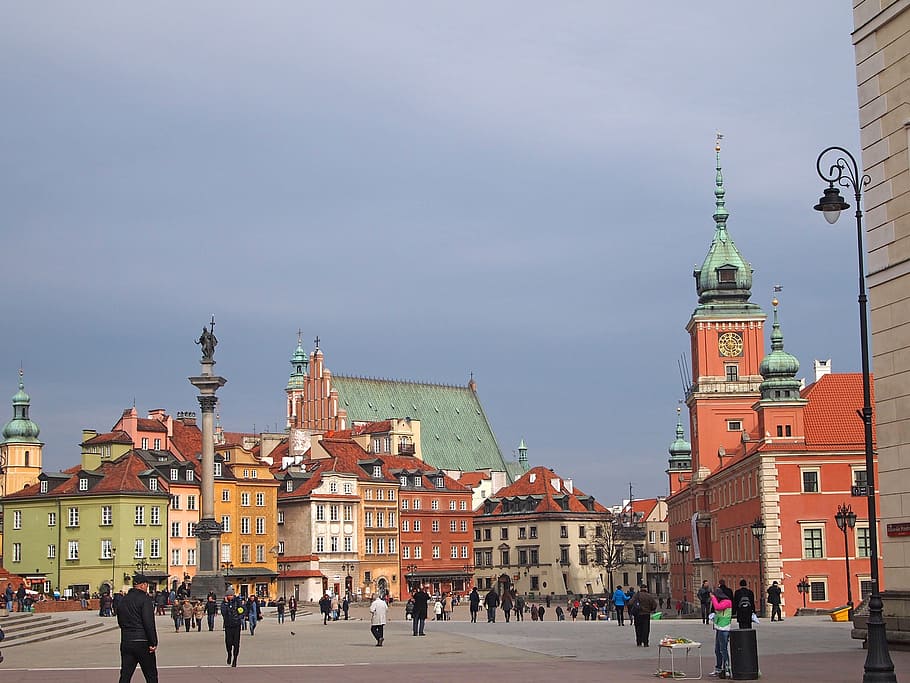 people, walking, red, white, houses, warsaw, the old town, poland, monuments, old town