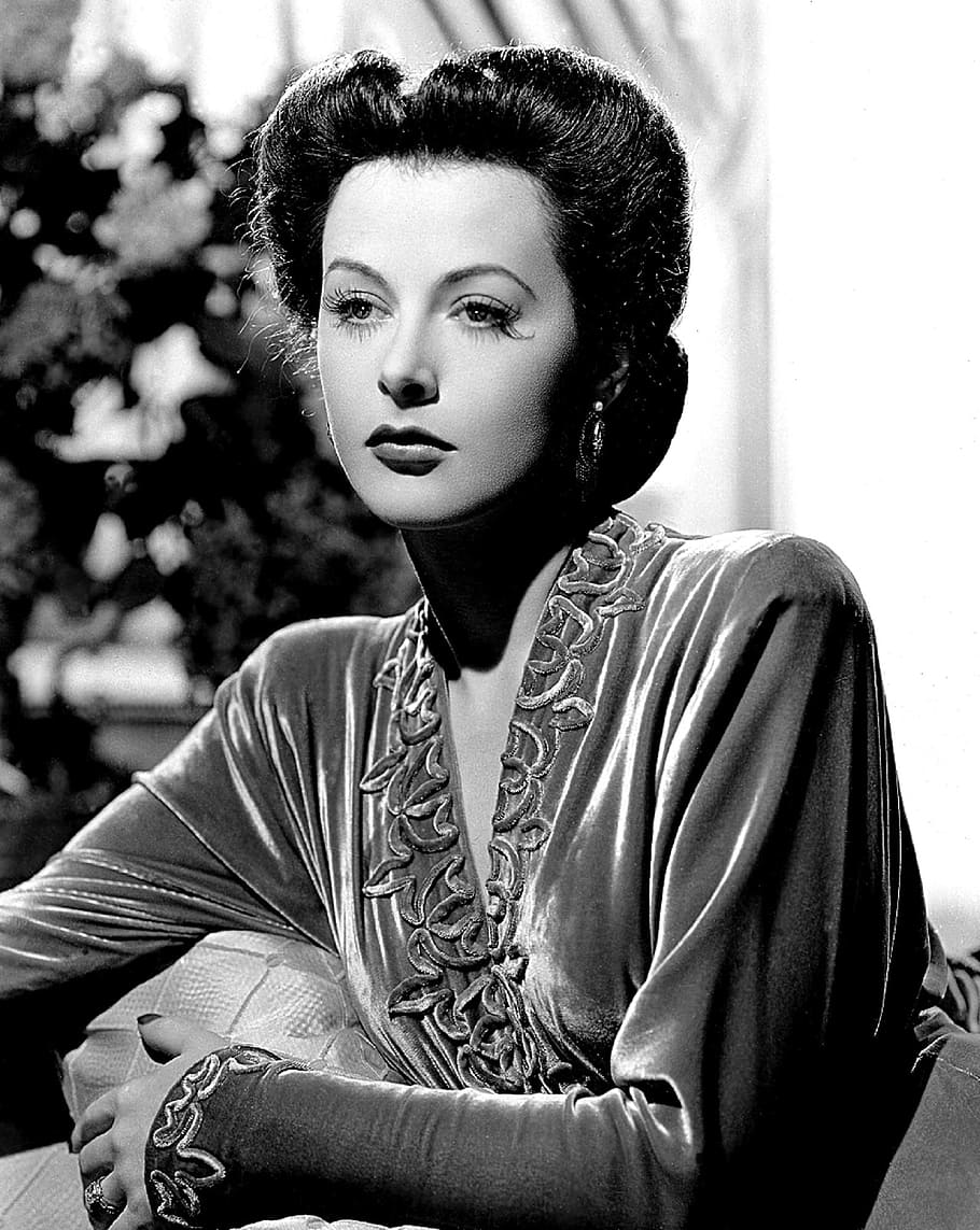 grayscale photo, woman, looking, camera, hedy lamarr, actress, vintage, movies, motion pictures, monochrome