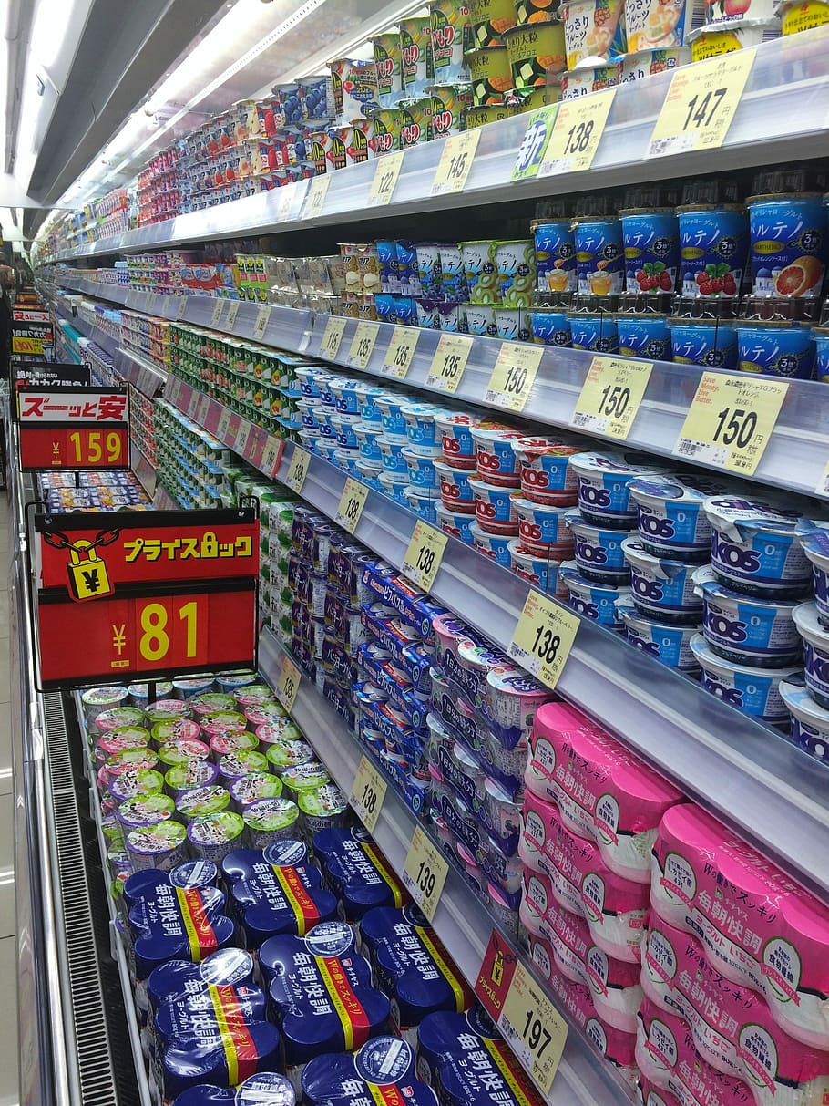Supermercado, iogurte, departamento, refrigeração, prateleira de exposição, loja, seiyu ltd, livin, yokosuka, japão