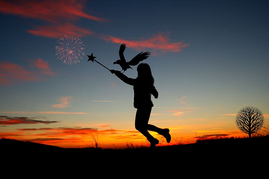 silhouette, person, playing, bird, sunset, witch, magic, bounce, magic wand, halloween