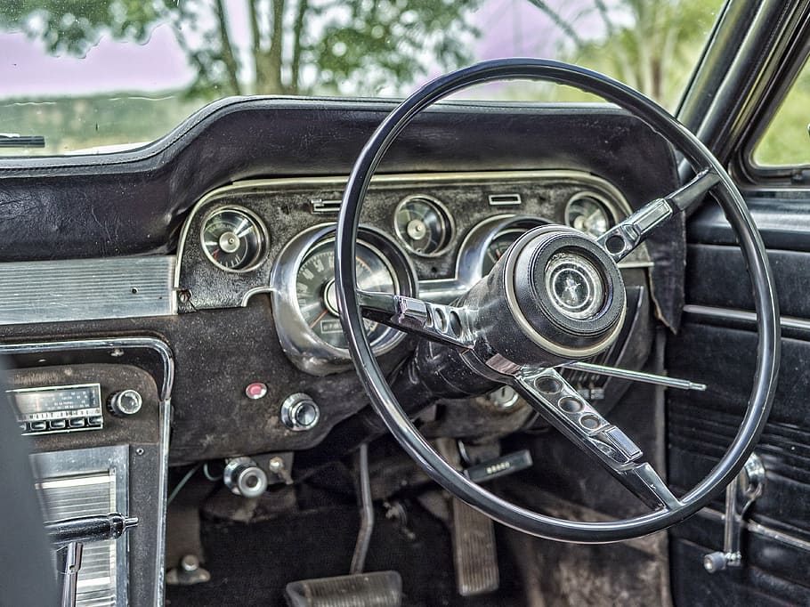 closeup, photograph, steering wheel, car radio, old, car, steering, wheel, odometer, speedometer