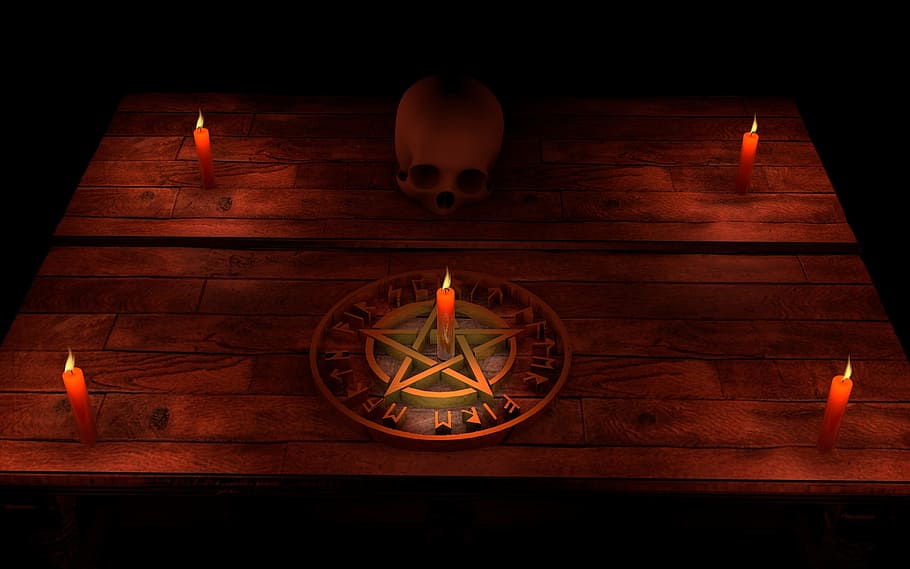 cinco, rojo, velas, marrón, pentagrama, humano, cráneo, pentáculo, magia, ocultismo